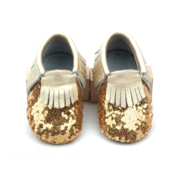 Sequined Real Leather Patchwork Baby Moccasins