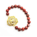 Red Jasper 8MM Round Beads Stretch Gemstone Bracelet with Diamante alloy Lion Head Piece