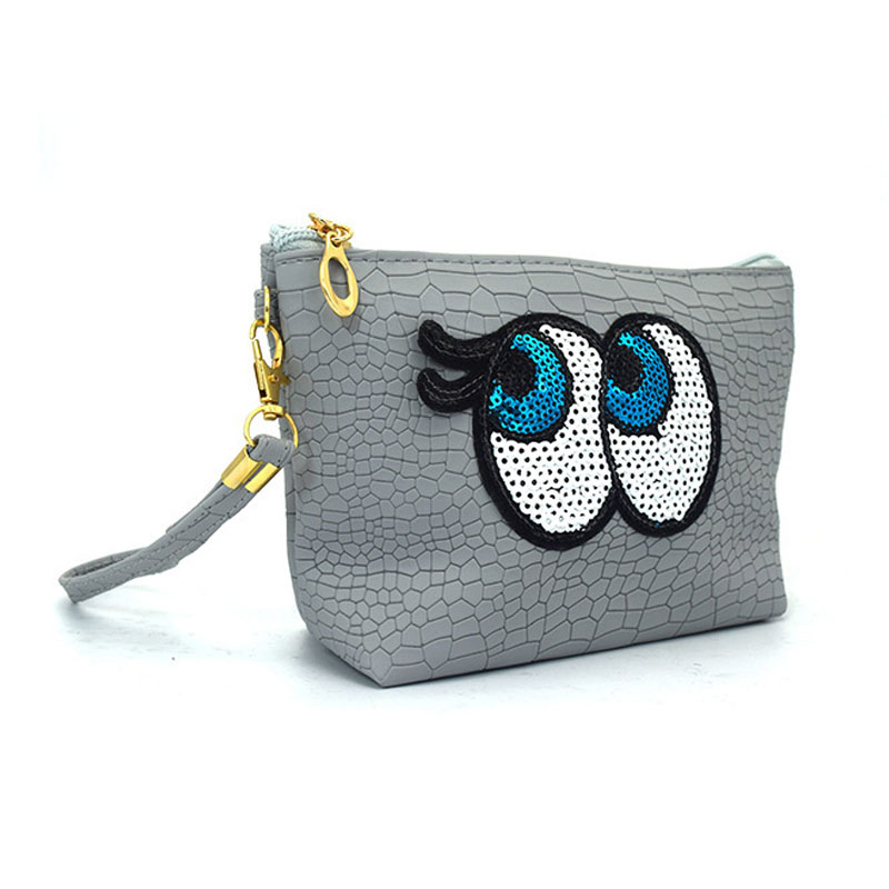 Funny Girls Fashion Cosmetic Bag Eyes Sequin Embroidery Patch Textured PU Lipstick Zipper Pouch Bag