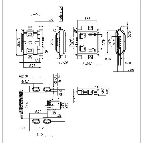 MUFM25 25-MICRO USB FEMALE 5PIN CONNECTOR,OFFSET TYPE,WITH 4 SHELL DIP,SINK 0.8MM 