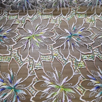 Polyester Multicolor Flat Embroidered Tulle Lace Fabrics