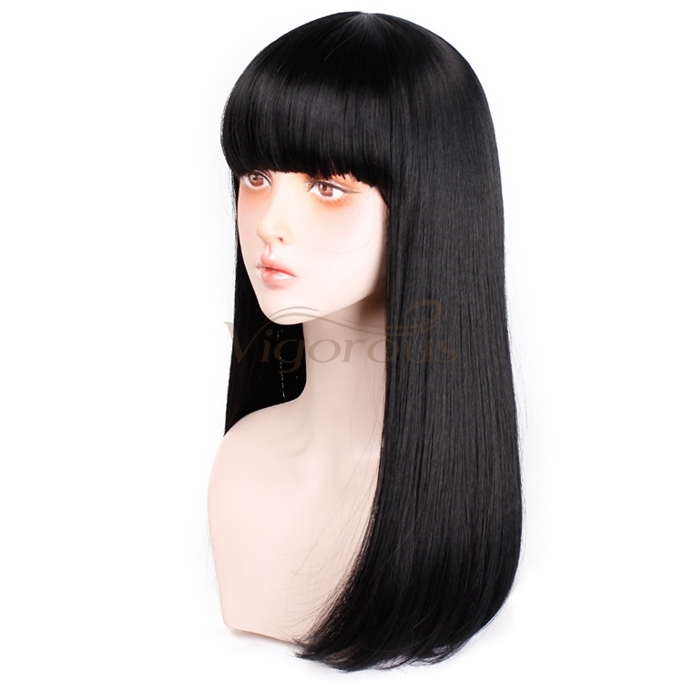 Vigorous 24" Long Straight Wig with Bangs Heat Resistant Synthetic Hair Wigs for White Black Women Cosplay