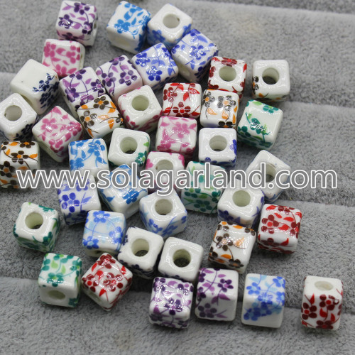 10MM Cube Charms Flower Patterns Ceramic Loose Spacer Beads