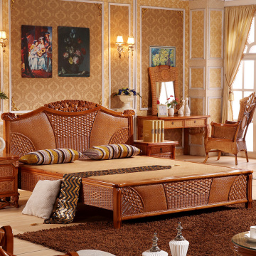 Luxury Rattan Headboard Bed Double Wooden Bed