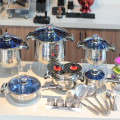 Cooking pot & pan with blue glass lid set