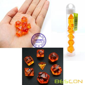 Juego de dados de RPG poliédrico traslúcido Mini Bescon 10MM, Juego de dados de juego pequeño RPG Juego de dados D4-D20 en tubo, naranja transparente