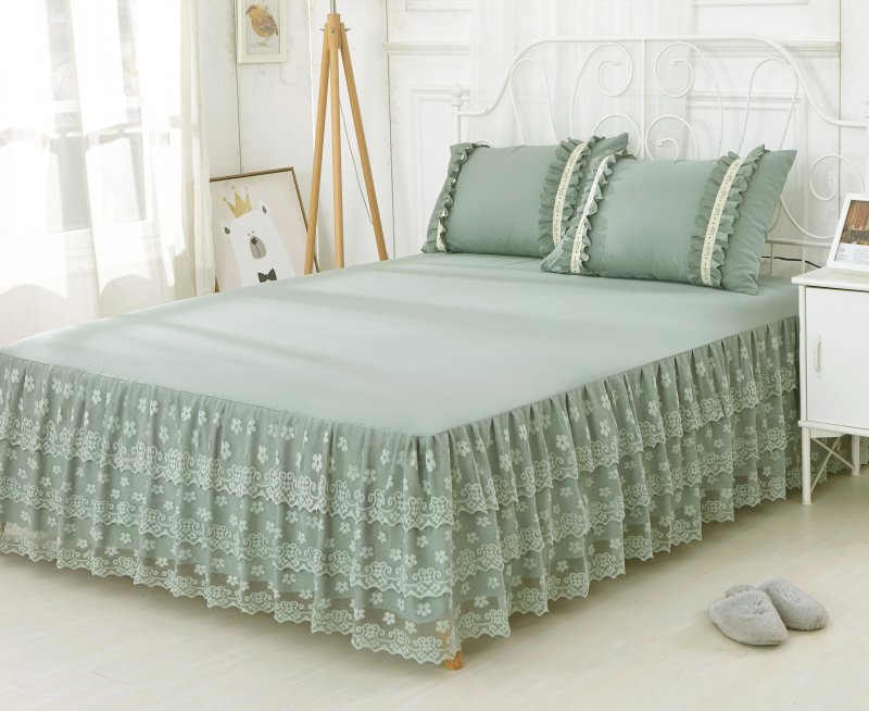 Pure color simple washed lace bedcover bedskirt sets