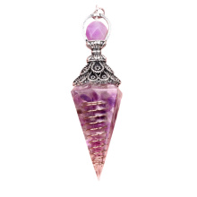 Amethyst Chip Stone Resin Antique Silver Hexagonal Cone Pendant & Pendulum