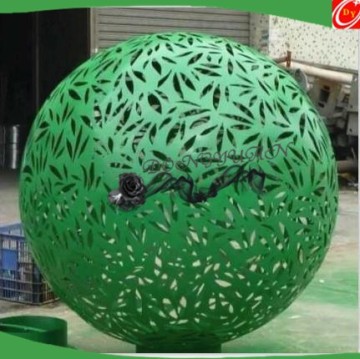 Large green color stainless steel hollow ball sculpture for garden decoration