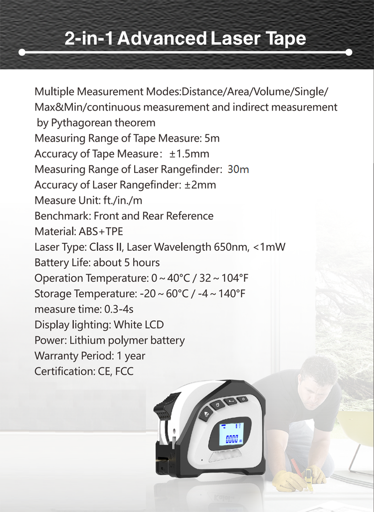 white-30m 2 in 1 Digital Laser Measure Tape