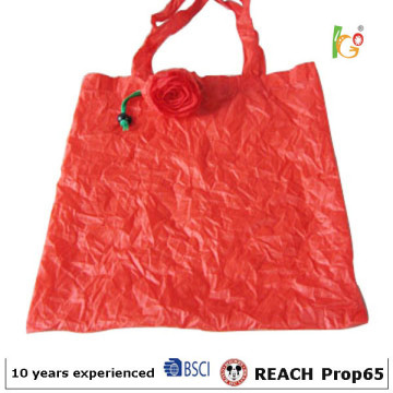 Red color foldable polyester shopping bag with rose