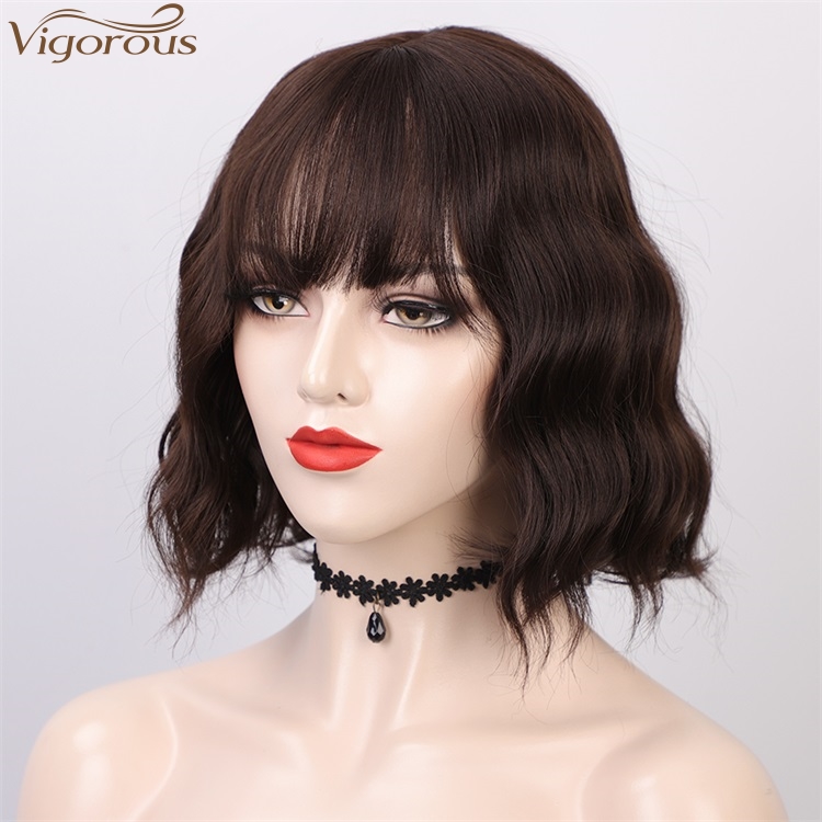 Vigorous New Style Short Bob Brown Wig With Bangs Wavy Wig Heat Resistant Synthetic Fiber Wigs For Black White Women