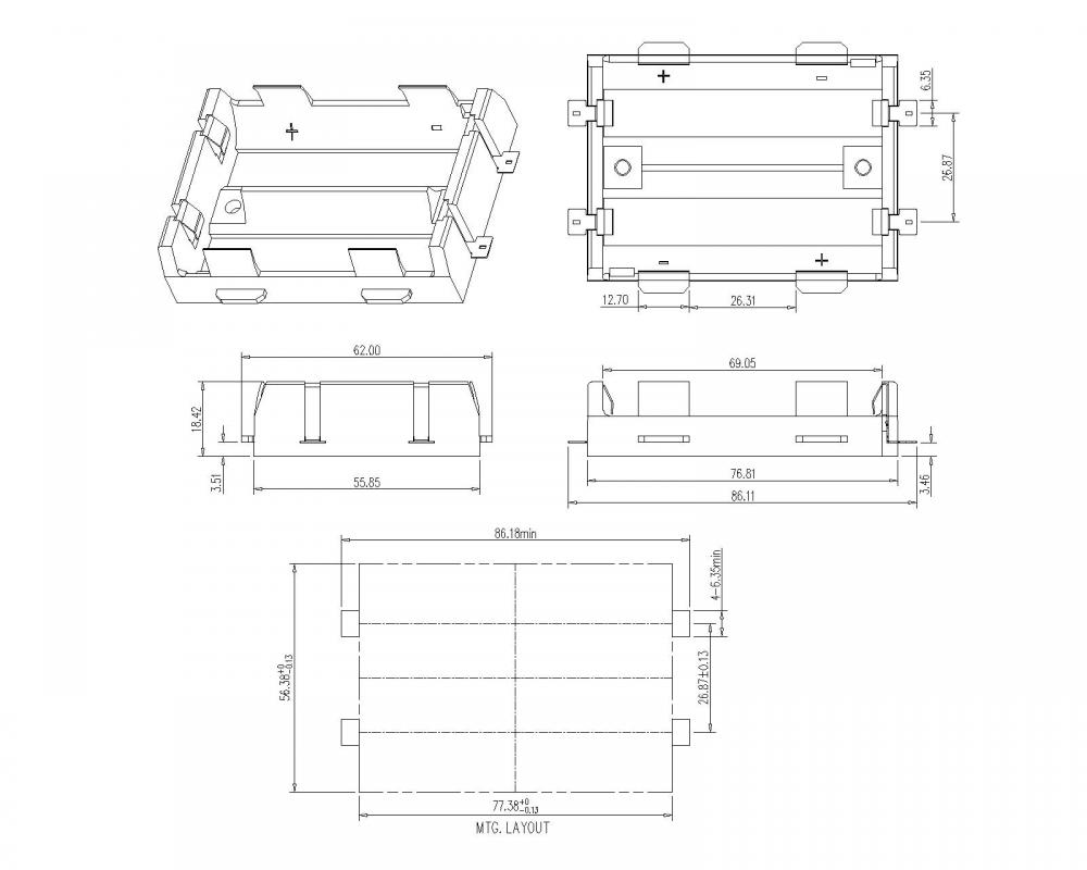 26650 SMT için BBC-M-G0-A-108 Çift Pil Tutucu