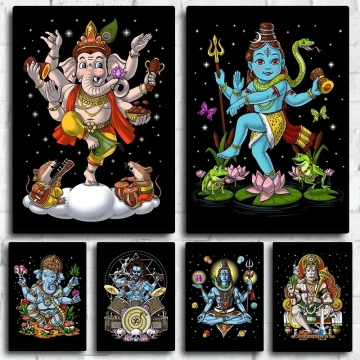 Enchanted Hindu Deities and Mythical Creatures Art Collection: Nataraja, Ganesha, Kali, Hanuman in Psychedelic Canvas Wall Decor