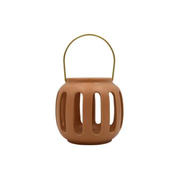 Terracotta Ceramic Lantern Candle Holder with Gold Handle