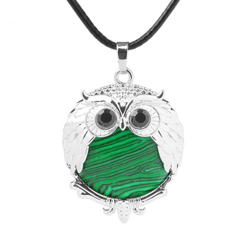 Malachite 24mm Beads Silver Owl Pendant Necklace 45cm Black Cord