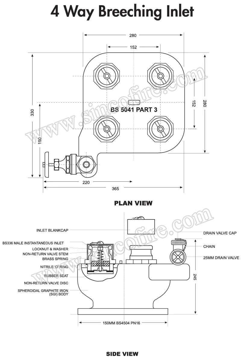 6'' Flange 4 Way Fire Hydrant Breeching Inlet 4 Way Breeching Inlet