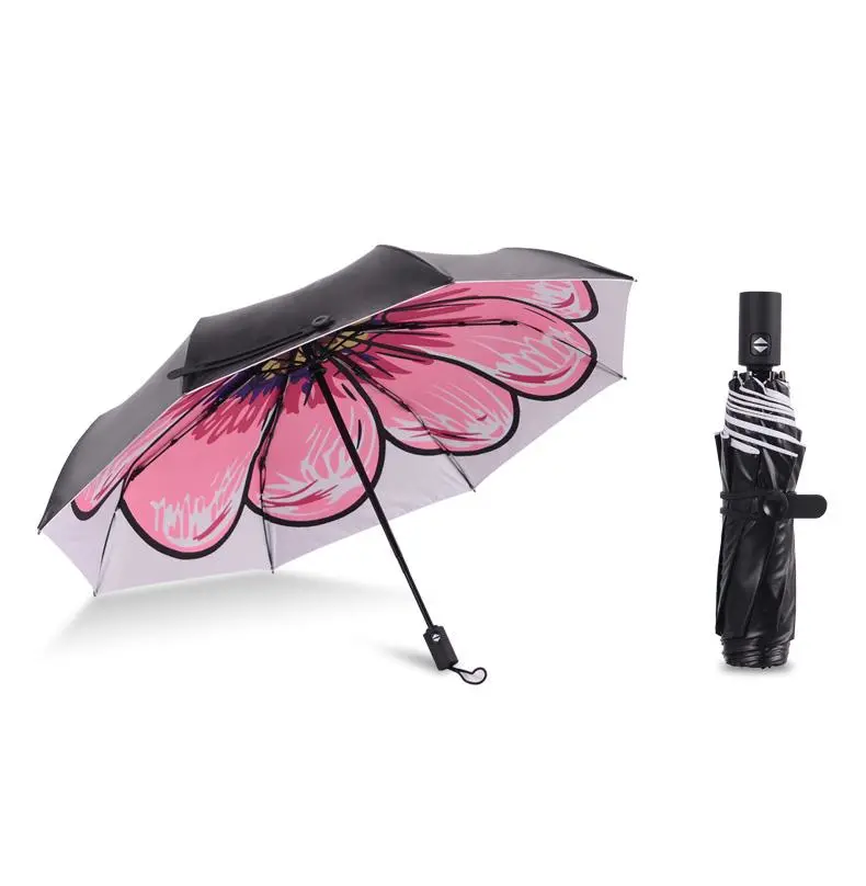 Logo Prints Fully Automatic Fabric with Black Coating Three Folding Umbrella with Floral Prints