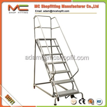 Metal heavy duty foldable steel rolling ladder, steel warehouse rolling ladder