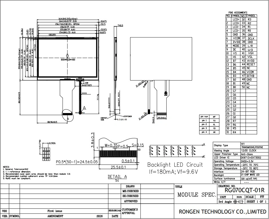 Rg070cqt-01r with Touch Screen 7 Inch 800*480 TFT LCD Display