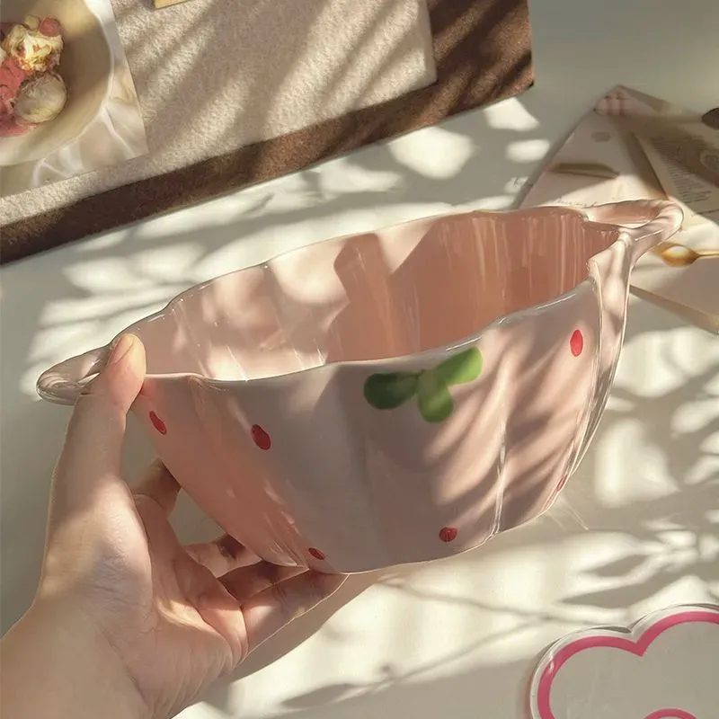 Cute Ceramic Double Ears Strawberry Petal Bowl
