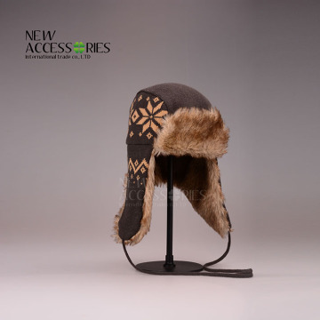 Unisex snowflake pattern jacquard brown knitted earflap hats