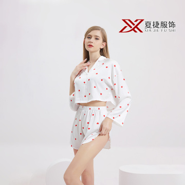 Red Heart Print Satin Short Sleeper Pajama Set