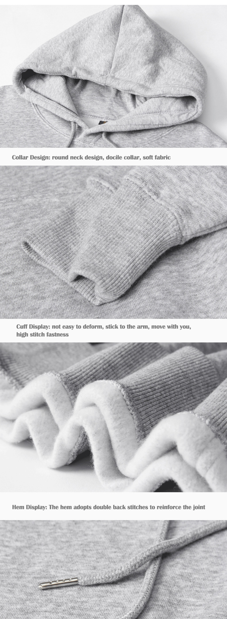 Grey Pullover Rib-Knit Cuff Hoodie Printing Cotton Warm Hoodie