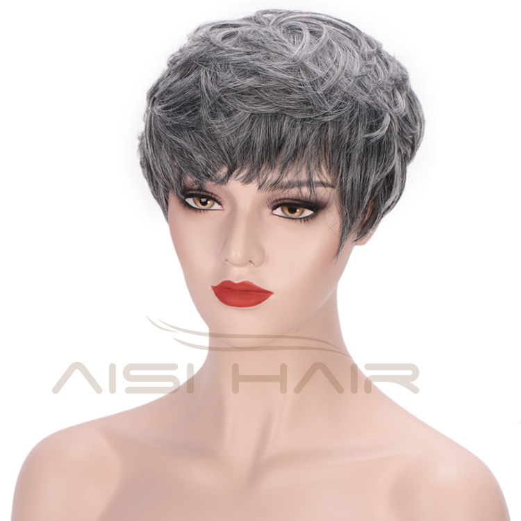 Aisi Hair Heat Resistant Fiber Straight Short Hair Bob Wigs with Neat Bangs Grey Mixed Black Short Bob Wigs for Women