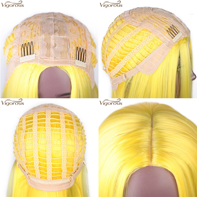 Vigorous Top Quality Short Bob Silky Straight Middle Part Yellow Color Wig Heat Resistant Synthetic Cosplay Wigs For Black Women