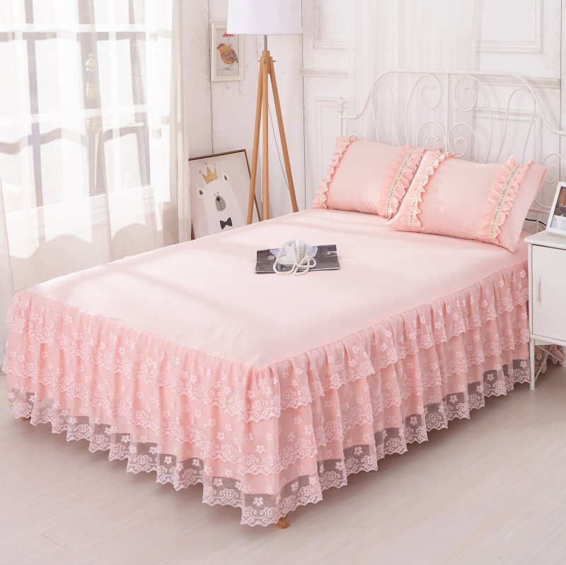 Pure color simple washed lace bedcover bedskirt sets