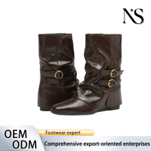 Brown Ruched Double Gold Buckle Mid Calf Boots