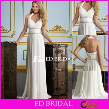Hotsale Beaded Ruched Chiffon Backless Beach Wedding Dress Halter Bridal Gowns