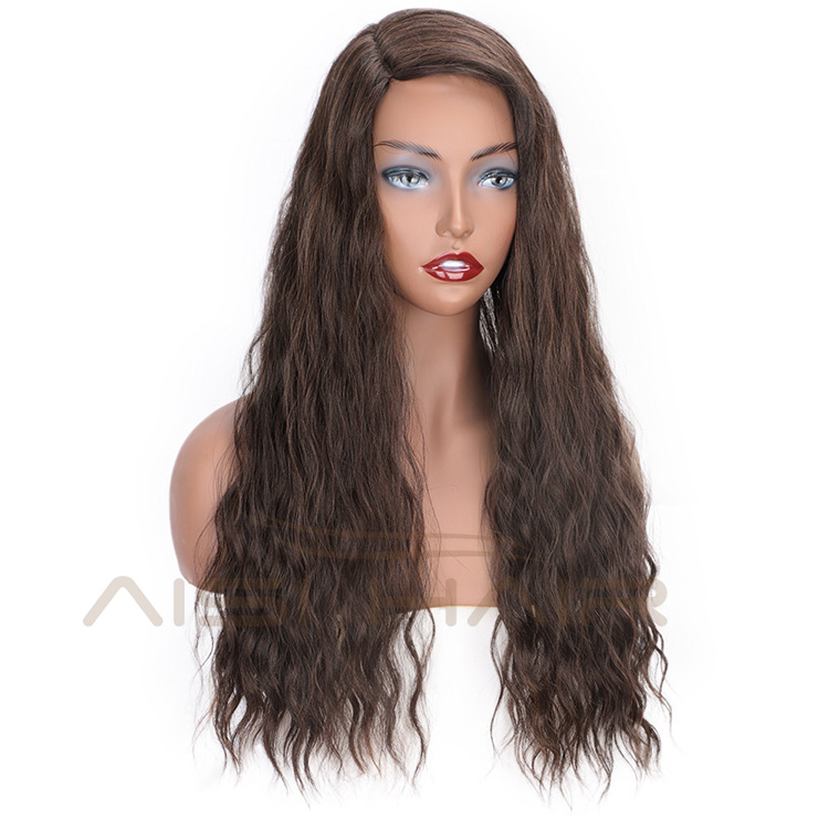 Aisi Hair Brown Color Lace Part Heat Resistant Synthetic Hair Wigs with Bangs Long Wavy Side Part Wigs for Black Women
