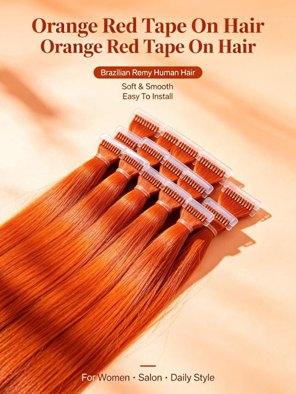Orange Red Brazilian Remy Human Hair Tape In Extensions For Women