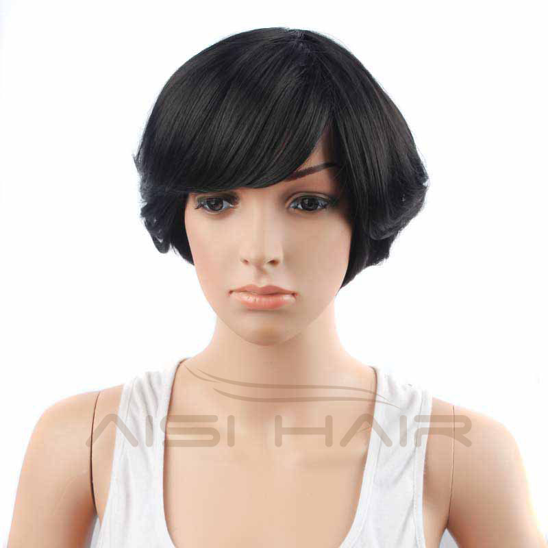 Factory Wholesale Price Short Black Wave Hair , Wigs With Side Bangs , Synthetic Pixie Cut Wigs For Black Women