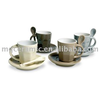 Ceramic glazed cup and saucer with spoon