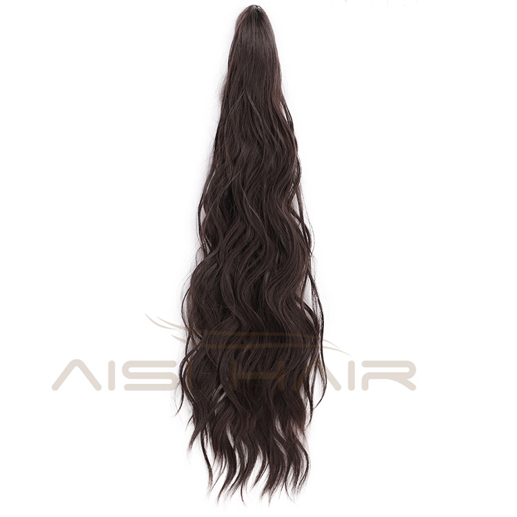 Aisi Hair Heat Resistant Fiber Long Wavy Dark Brown Claw On Ponytail Hair Extensions Claw Pony Tail Synthetic Hairpiece