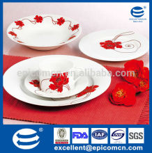 clear red folwer decorated 20 pcs round ceramic red tableware porcelain plates