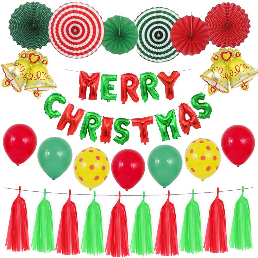 Christmas Party Supplies Red and Green Paper Fan Flower Merry Christmas Letter Balloon Tassel Set