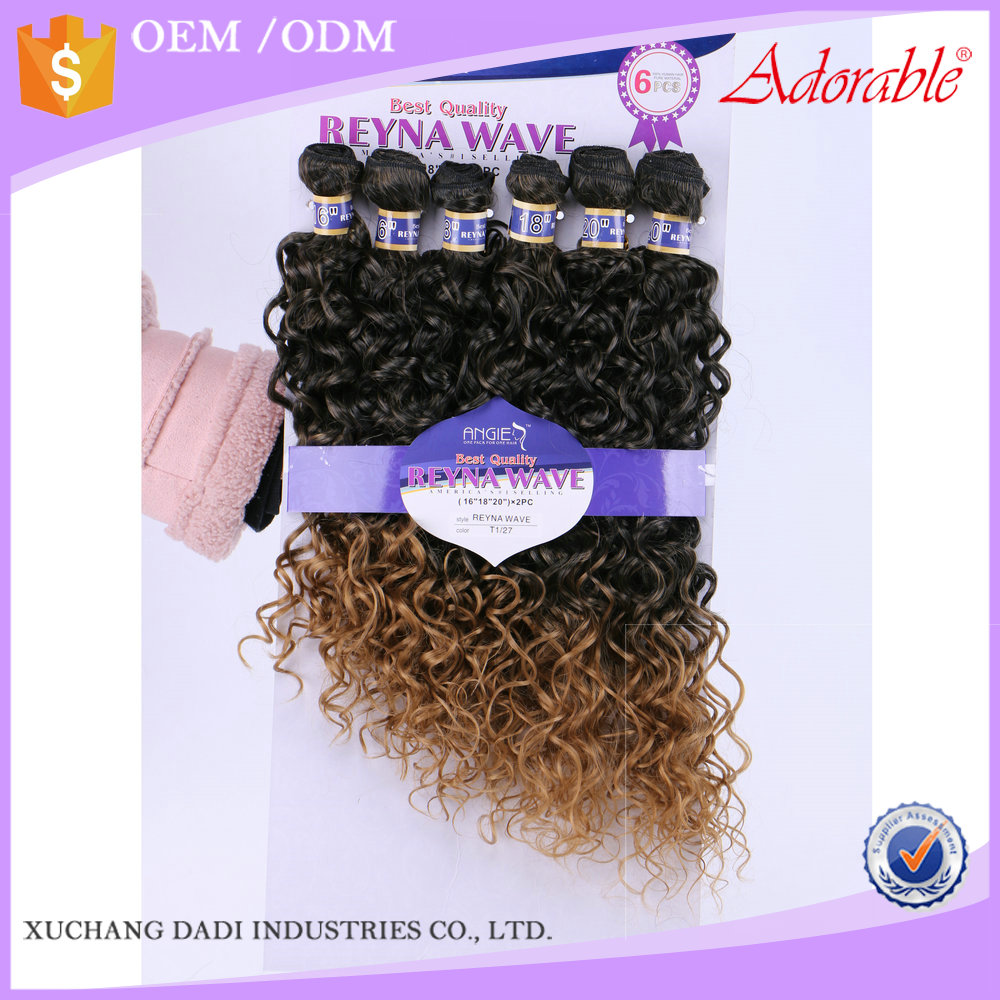 xuchang dadi factory wholesale reyna wave 6pcs synthetic hair weaving,ombre color double weft synthetic hair extensions