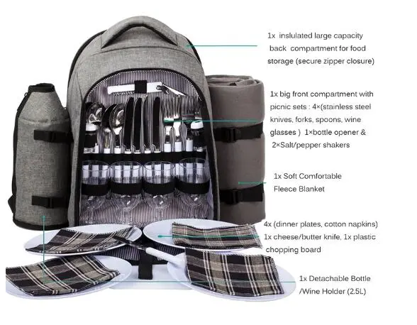 Custom Cooler Compartment Wine Bag Picnic Set Multifunction 4 Person Picnic Backpacks Bags with Blanket