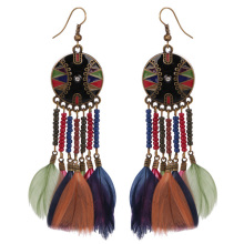 Wholesale Beaded Style Beach Gilded Hoop Feather Earrings