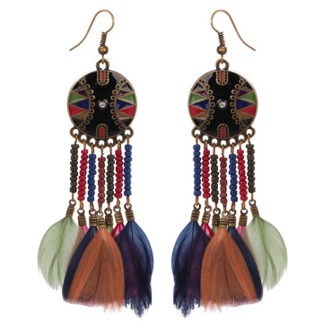 Wholesale Beaded Style Beach Gilded Hoop Feather Earrings