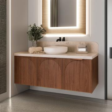 Modern Unique Designer Custom Oak Wood V-Groove Wall Hung Solid Wood Cabinets with LED Light Mirror for Bathroom Vanities