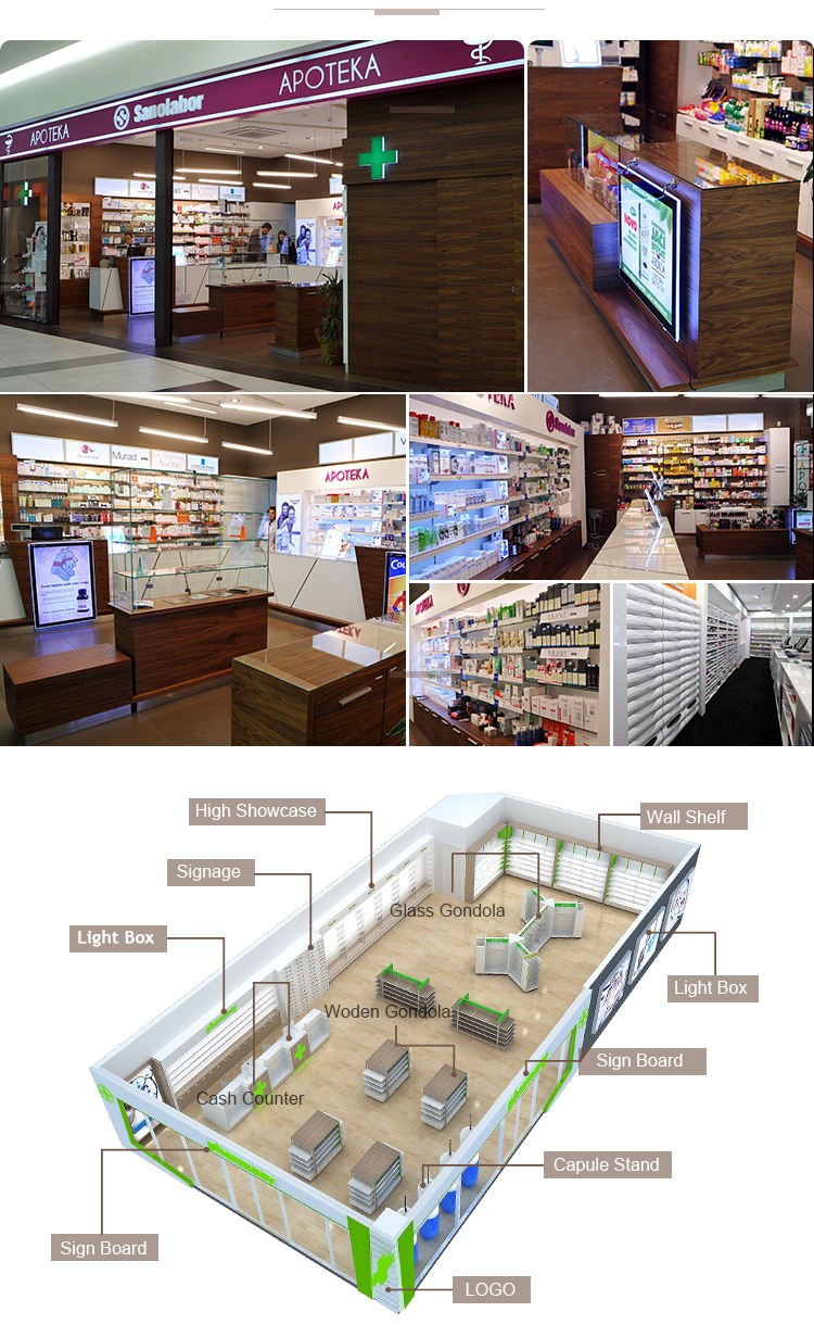 Customized Wooden Showcase Pharmacy Display Furniture Shop Counter