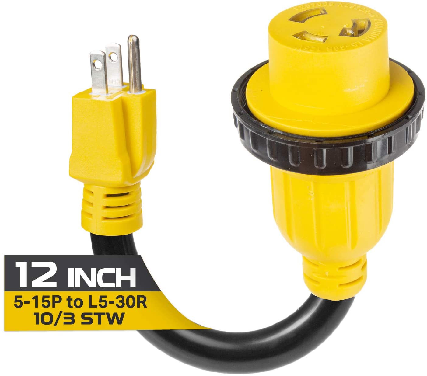 50 Amp to 30 Amp RV Electrical Adapter Power Cord, 12 Inch - 10/3 STW 14-50P Male Plug to TT-30R Female Receptacle, Yellow