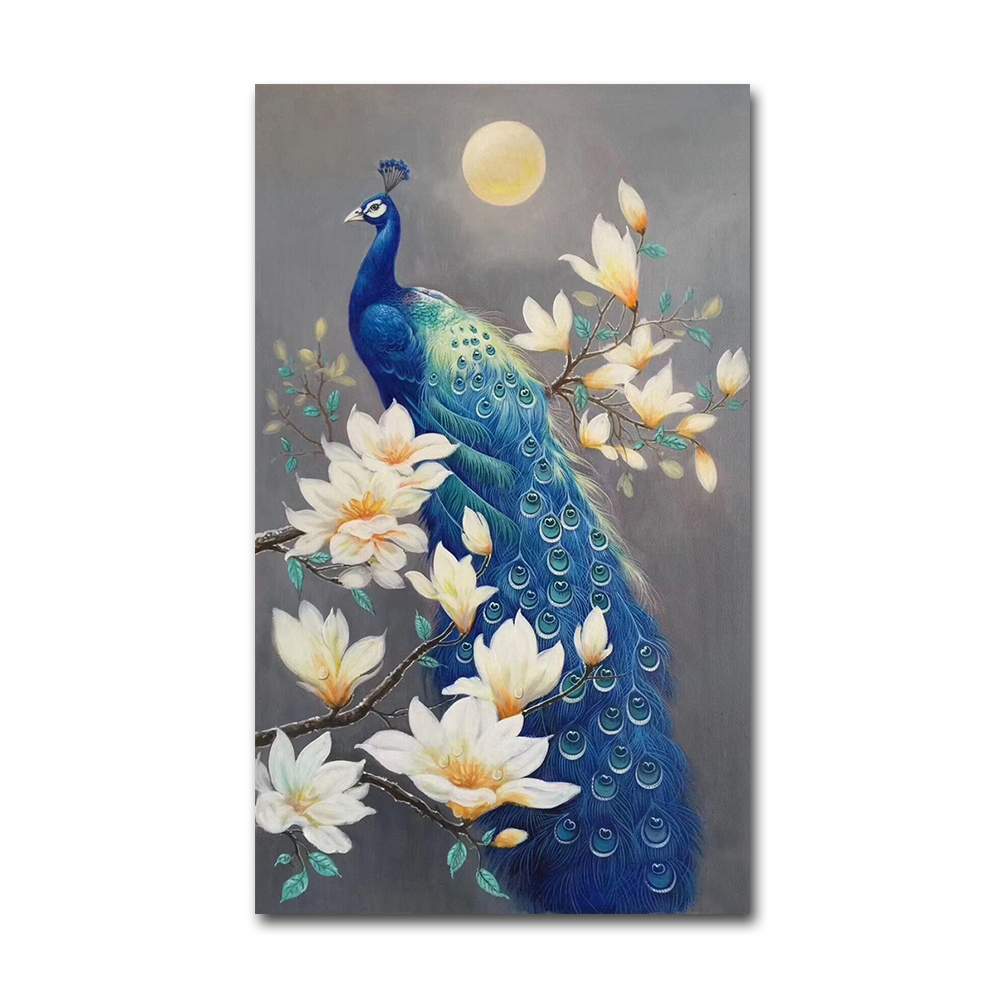 Handmade Beautiful White/Blue Peacock Painting Canvas Wall Art for Home Decoration