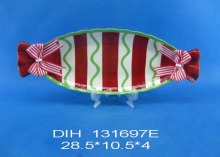 Candy-Shape Ceramic Plate with Ribbon for Christmas Decoration