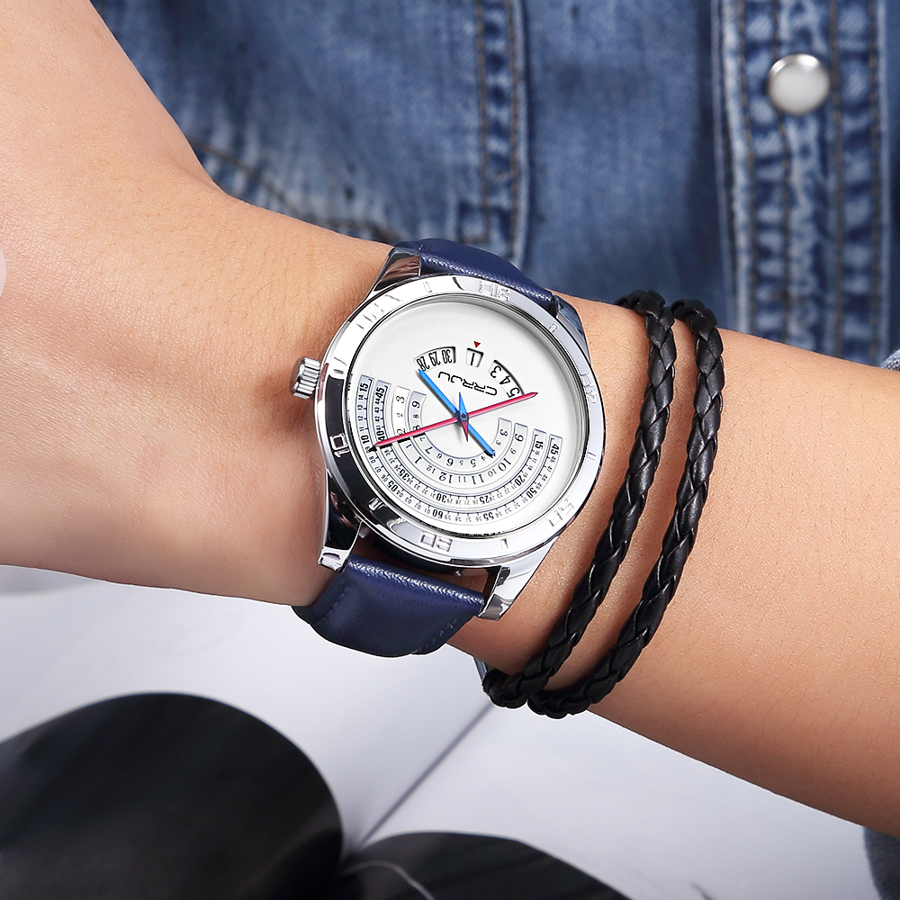 CRRJU Watch Men luxury Sports leather Funny Binary calendar Clock Japan Movement Waterproof Wrist Watch